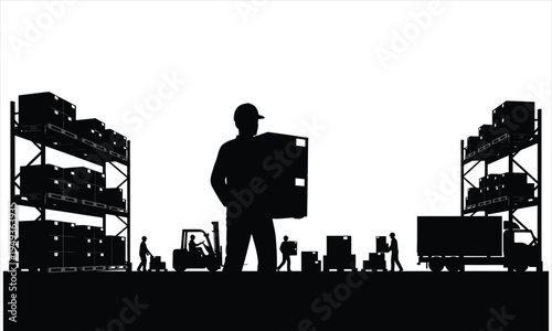 Silhouette of a warehouse worker with shelving units and boxes in a storage facility