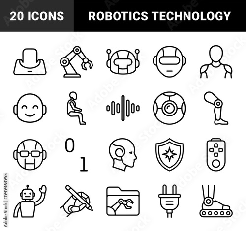 Artificial intelligence and robotics engineering elements for technical documentation. Clean monoline pictograms featuring automation and bionic technology.