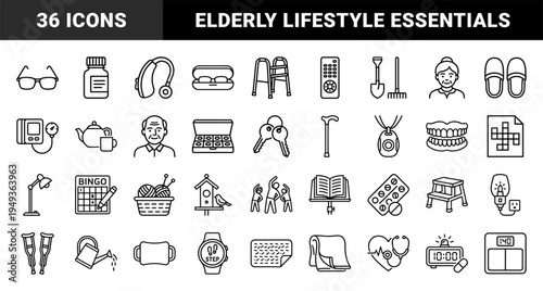 Senior care and elderly lifestyle assistance elements for healthcare apps. Technical monoline pictograms featuring retirement living and geriatric health concepts.