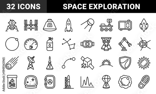 Space exploration and aerospace engineering technical monoline icons. Minimalist black line pictograms for galactic research and astronomy.
