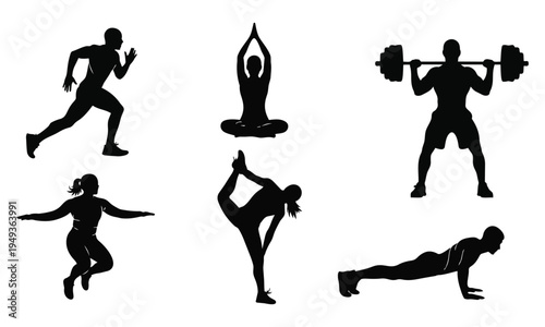 Collection of silhouetted figures engaging in various fitness activities, including running, yoga, weightlifting, and stretching, perfect for health and wellness content