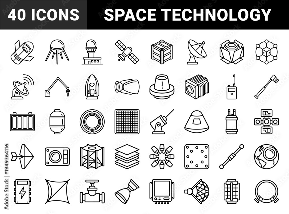Fototapeta premium Aerospace engineering and satellite communication technical monoline icons. Space exploration hardware and orbital infrastructure schematic line art.