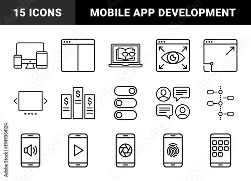 User interface and mobile application development elements featuring responsive design, data visualization, and security authentication in monoline style.