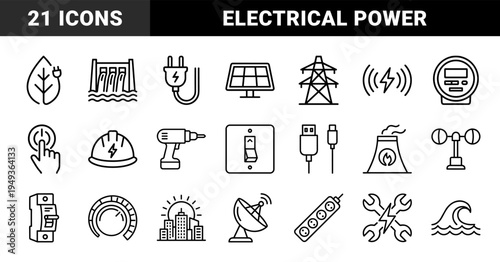 Energy and electricity infrastructure symbols for utility management and renewable power. Technical monoline pictograms for industrial engineering and smart grid systems.