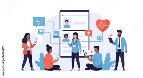 Team collaboration and healthcare technology flat design vector illustration