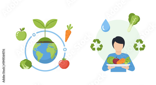 Sustainable farming and eco-friendly agriculture concept with earth and fresh produce vector illustration