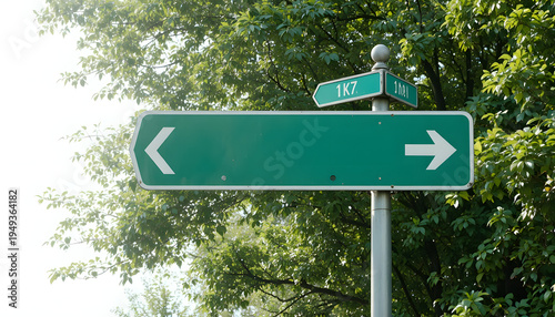 Blank road sign with arrow direction on a city street under the sky