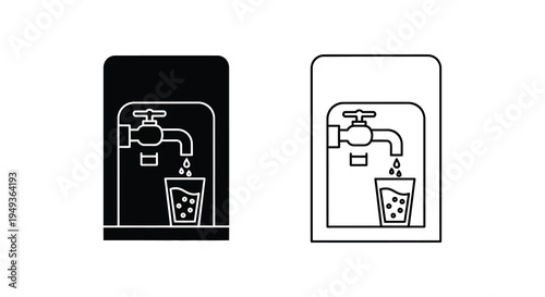 Two water cooler illustrations one filled and one outline in black and white silhouette