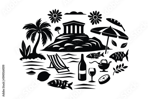 Oceans day black and white of a tropical island scene with greek temple palm trees and beach