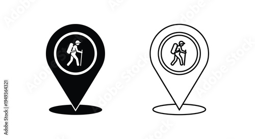 Two map pin icons depicting hikers one filled and one outlined silhouette