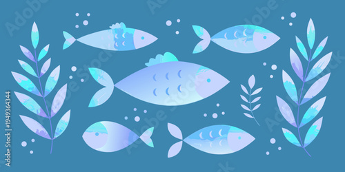 Stylized illustration of blue and lavender fish with aquatic plants