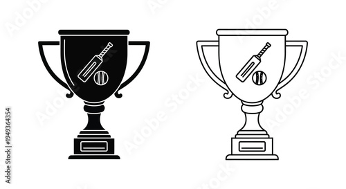 Two cricket trophies with bats and balls a black and white silhouette