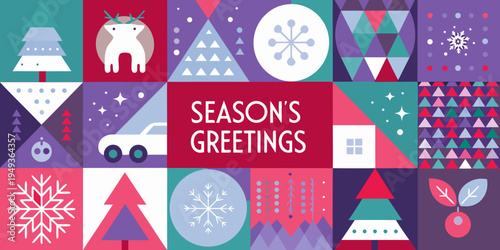 Festive geometric pattern with winter motifs and holiday greetings text
