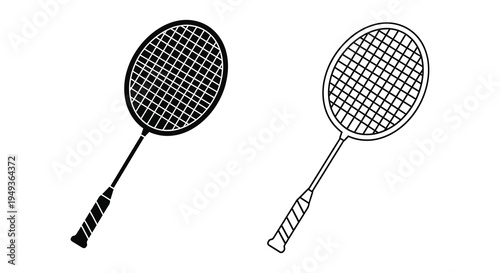 Two badminton rackets displayed in a bold black and white silhouette