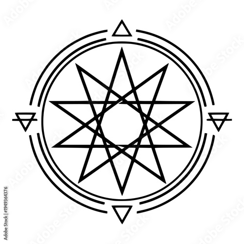 Nine-pointed star nonagram enclosed within a double circle, featuring four small triangle symbols, representing spirituality and balance.