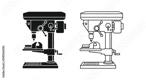 Two drill press illustrations one solid and one outline a black silhouette