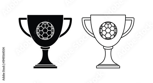Two soccer trophies one black and one white presented in a graphic silhouette