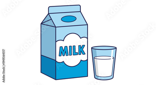 Cartoon milk carton and glass of milk on white background