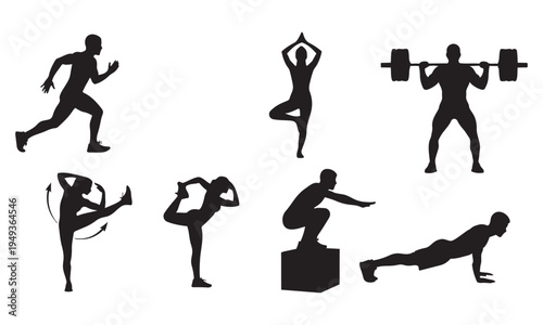 Diverse collection of fitness and exercise silhouettes depicting various physical activities and sports
