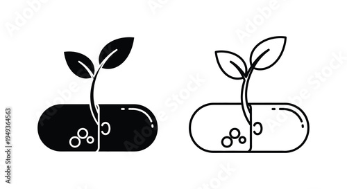 Two sprouting seedlings in capsules black and white illustration silhouette