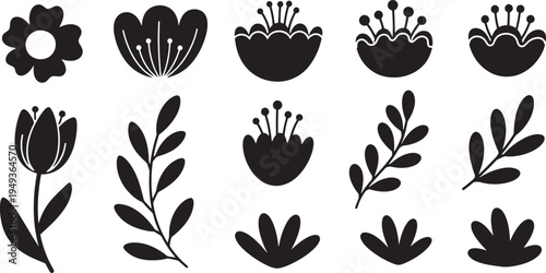 Arrangement of Black Flower and Leaf Silhouettes