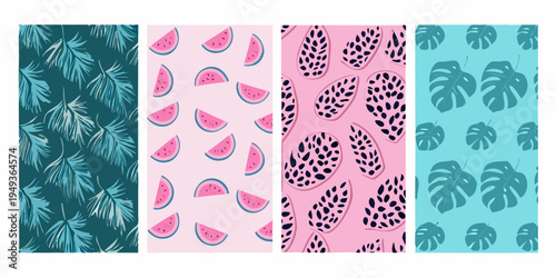 Four vibrant rectangular panels displaying tropical and fruity patterns