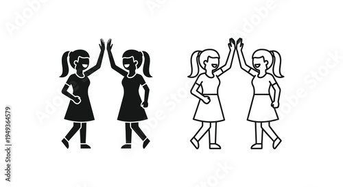 Two pairs of girls high fiving depicted in a striking black silhouette
