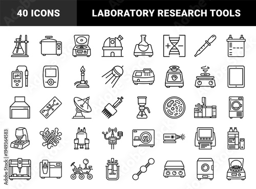 Laboratory research and scientific experimentation equipment featuring technical monoline silhouettes for biotechnology and medical diagnostics.