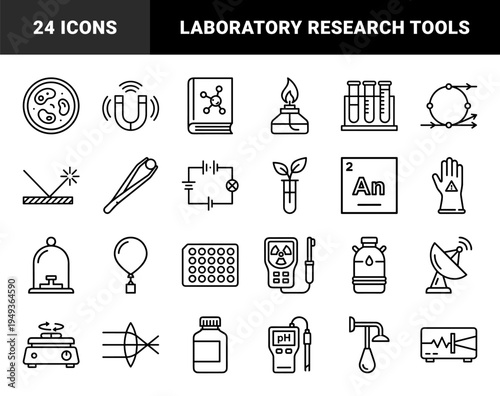 Scientific laboratory equipment and research experiment elements. Technical monoline pictograms for physics, chemistry, and biology education.