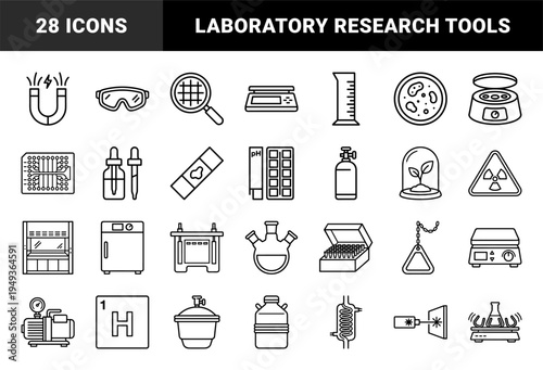 Laboratory research and scientific experiment equipment. Technical monolinear pictograms featuring biotech, chemistry, and clinical analysis tools.