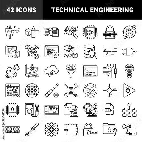 Technical engineering and hardware development monoline elements for industrial schematics. Black linear pictograms for electronics and software prototyping.