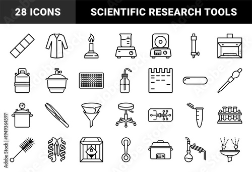Biotechnology and laboratory research equipment for scientific workflows. Technical monoline pictograms featuring microbiology and chemical analysis tools.