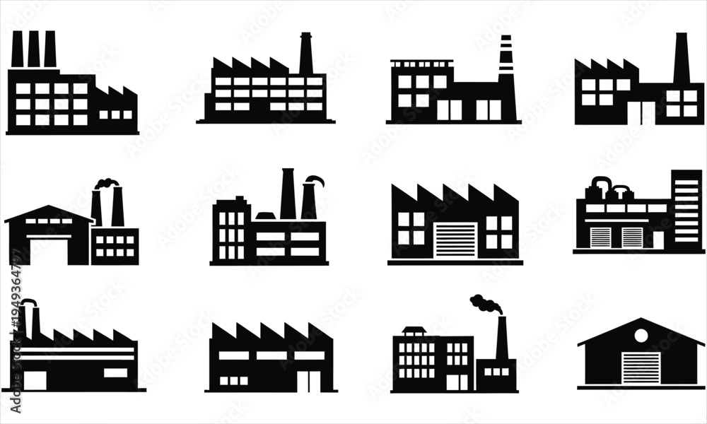Naklejka premium Collection of various industrial factory and building silhouettes on white background