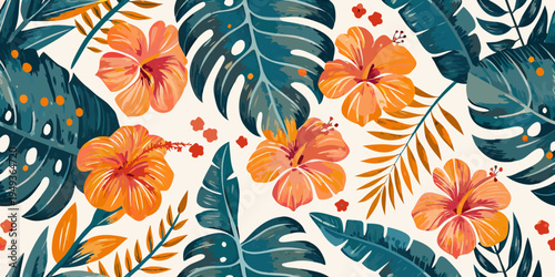 Tropical floral pattern with monstera leaves and vibrant orange hibiscus flowers