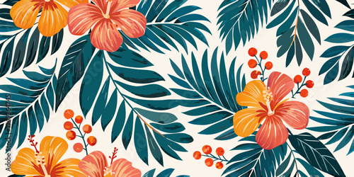 Tropical hibiscus flowers and lush green leaves in a seamless pattern