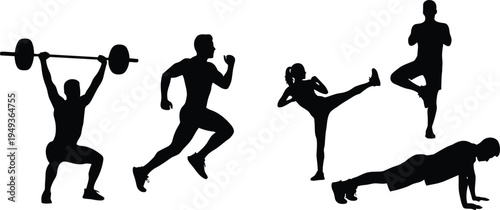 Silhouettes of people engaging in various sports and fitness activities, demonstrating strength and agility
