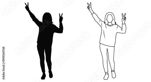 Two people making peace signs a black silhouette and two line drawings