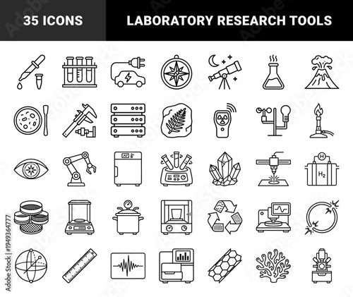 Scientific research and laboratory experimentation elements for technical documentation. Monolinear black pictograms featuring physics, biology, and chemistry equipment.