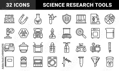 Scientific research and laboratory equipment elements for biotech presentations. Technical monoline pictograms featuring chemistry and physics tools.