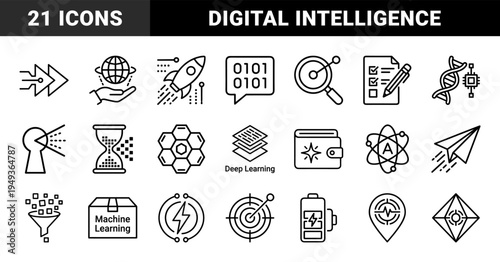 Data science and artificial intelligence concepts featuring neural networks, machine learning algorithms, and digital transformation in a technical monoline style.
