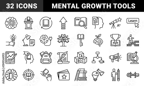 Education and cognitive development symbols for academic branding. Technical monoline pictograms featuring lifelong learning and mental growth concepts.