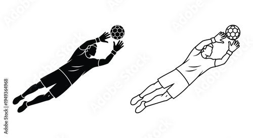 Two soccer goalkeepers diving for the ball in a dramatic black silhouette