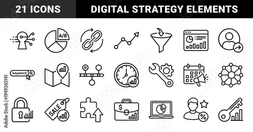 Search engine optimization and digital marketing analytics elements. Technical monoline pictograms for web strategy, data tracking, and business growth.