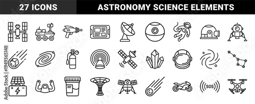 Space exploration and galactic discovery elements in technical monoline style. Aerospace engineering pictograms featuring celestial bodies and mission equipment.