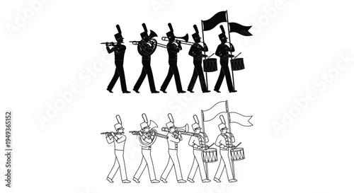 Marching band performing with instruments and flags presented as a silhouette