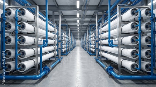 Rows of Reverse Osmosis Pressure Vessels in Industrial Desalination Plant. Represents water purification, global infrastructure, and fluid engineering.