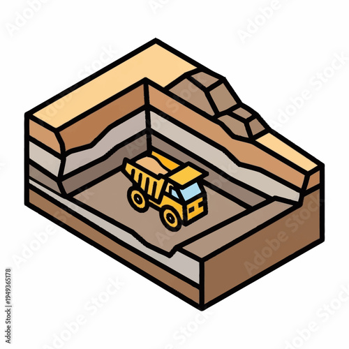 Isometric view of a mining truck in an open pit mine excavation.