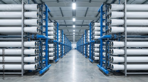 Rows of Reverse Osmosis Pressure Vessels in Industrial Desalination Plant. Represents water purification, global infrastructure, and fluid engineering.