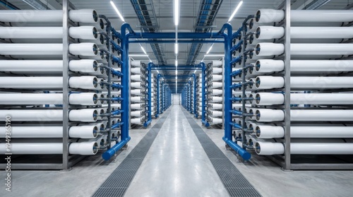 Rows of Reverse Osmosis Pressure Vessels in Industrial Desalination Plant. Represents water purification, global infrastructure, and fluid engineering.