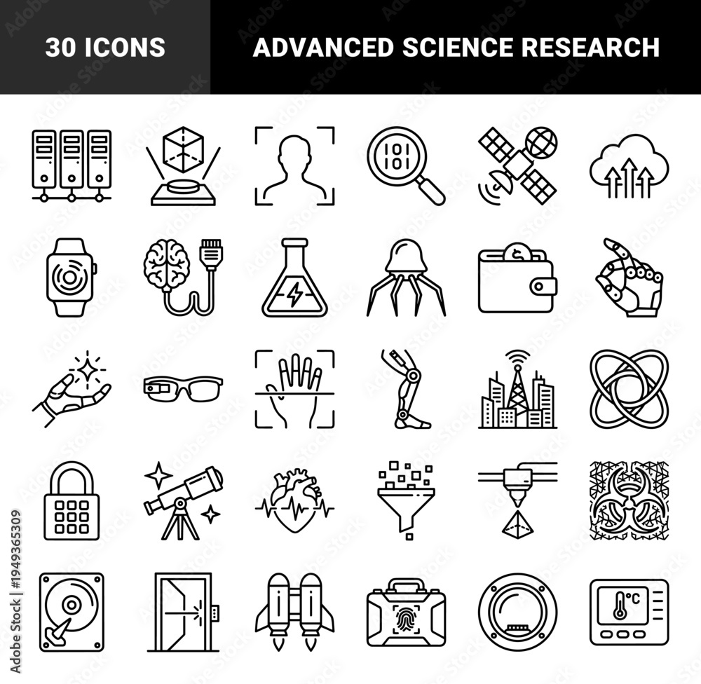 Fototapeta premium Future technology and scientific innovation elements for digital interfaces. Monoline technical pictograms featuring robotics, biotech, and space exploration.